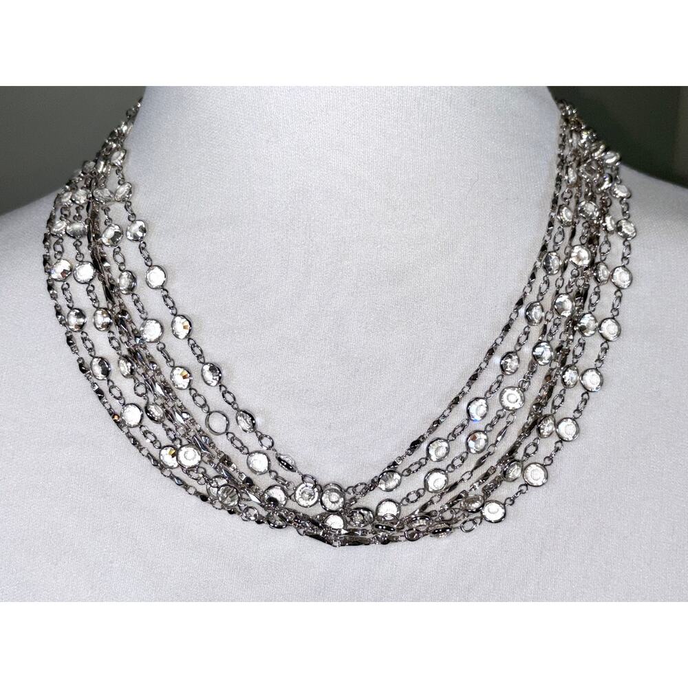Swarovski Swan Crystal Open Bezel Rhodium Multistrand Statement Necklace